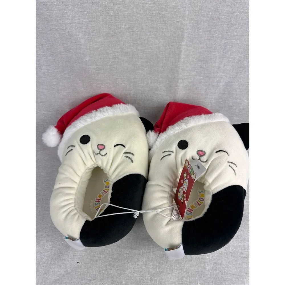 Squishmallows Santa Hat Cat Slippers Kids Size 4/5 Holiday Plush Off-White Black